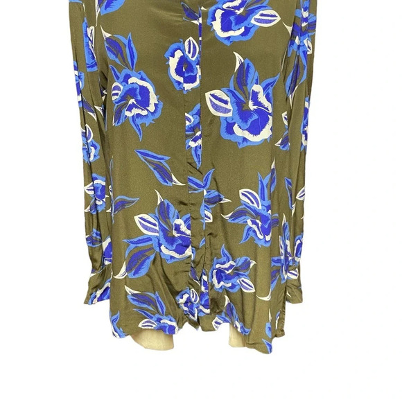 Diane Von Furstenberg Green Blue Floral Button-Up Long Sleeve Silk Top Size XS - Picture 3 of 8